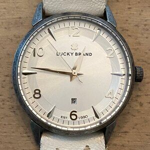 Lucky Brand White leather watch with antique steel finish and embroidered band